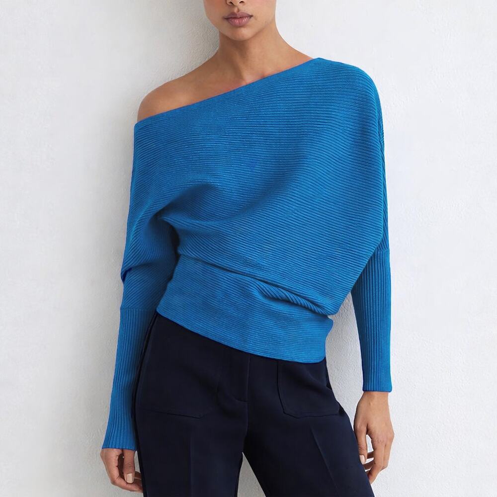 REISS | NWT Lorna Asymmetric Drape Knitted Top Sweater Sky Blue Sz S